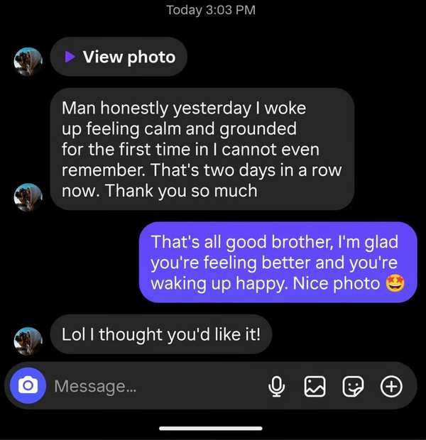 Client message from Alex M. about their progress