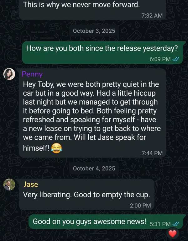 Client message from Penny and Jase about their progress
