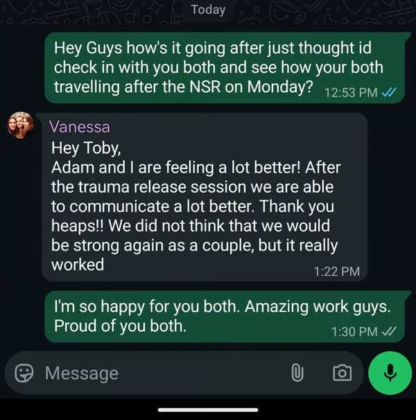 Client message from Vanessa and Adam about their progress