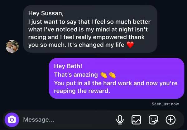 Client message from Beth about their progress